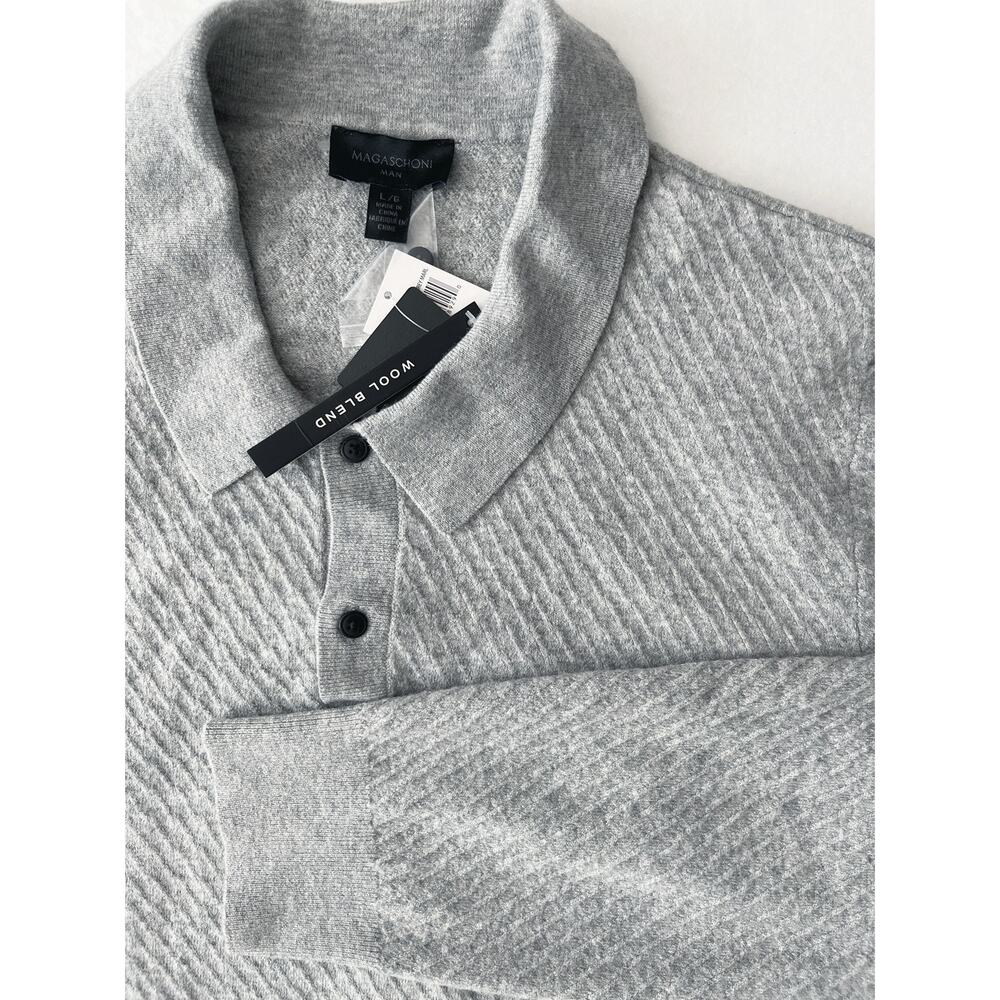 Magaschoni Sweater Men L Gray Wool Blend Collared Knit Pullover Long Sleeve